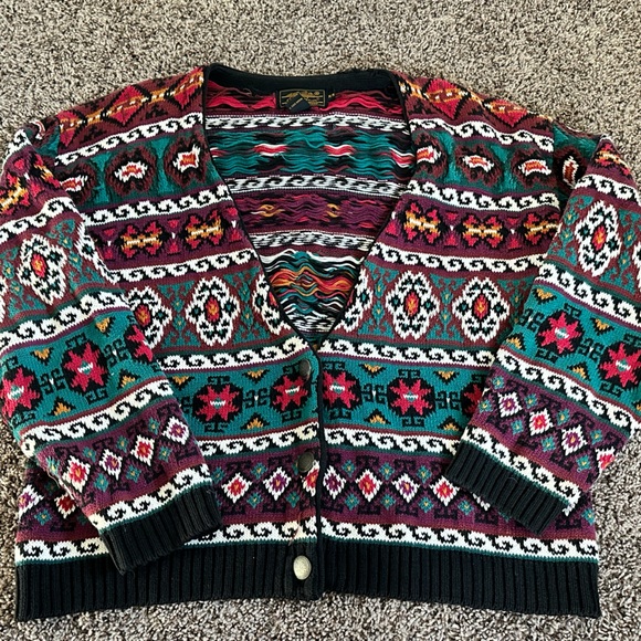 Eddie Bauer Cardigan Sweater Multicolor Tribal Print Size Medium 100% Cotton - Picture 2 of 5